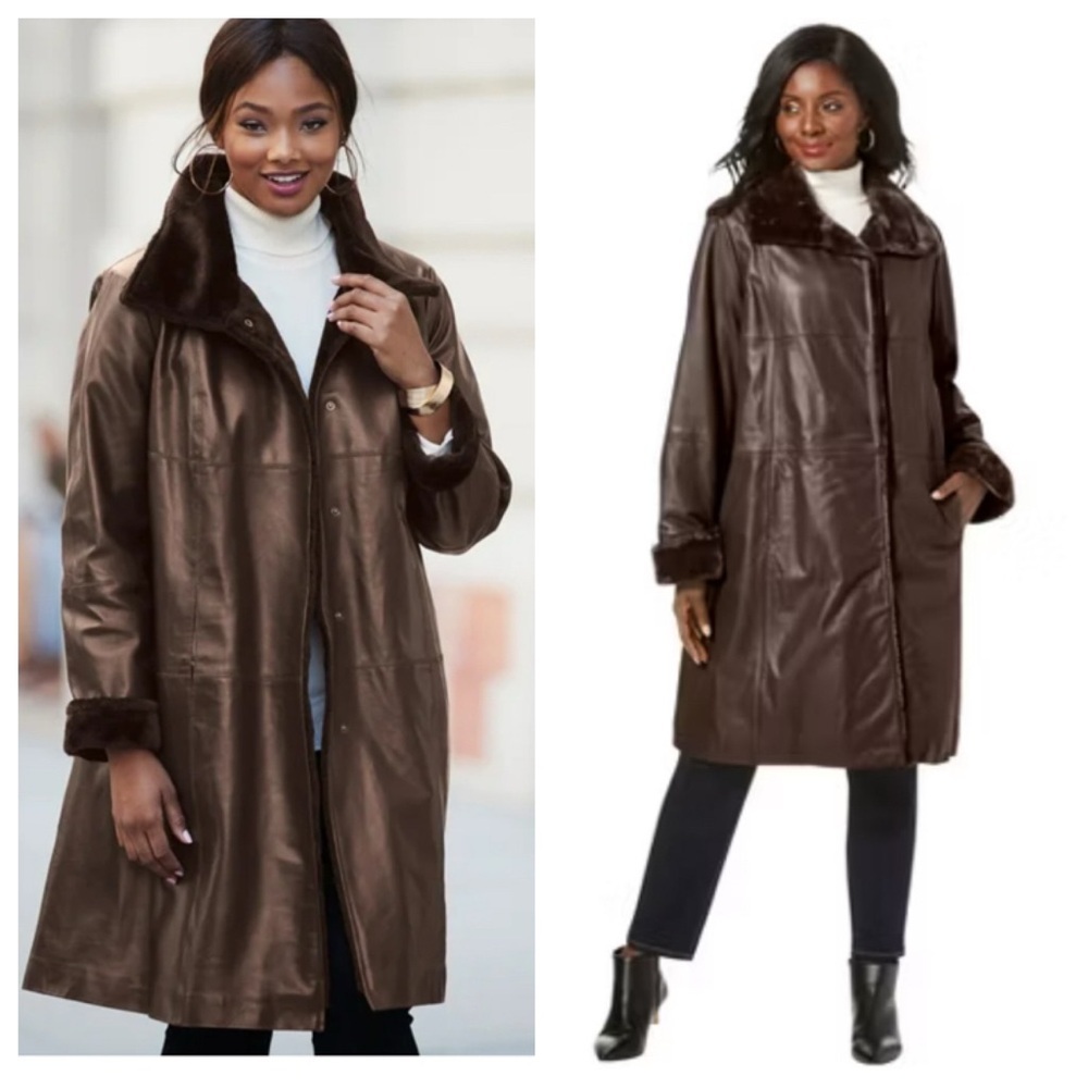 NWT! Leather! Jessica London Fur-Trim Leather Swing Coat